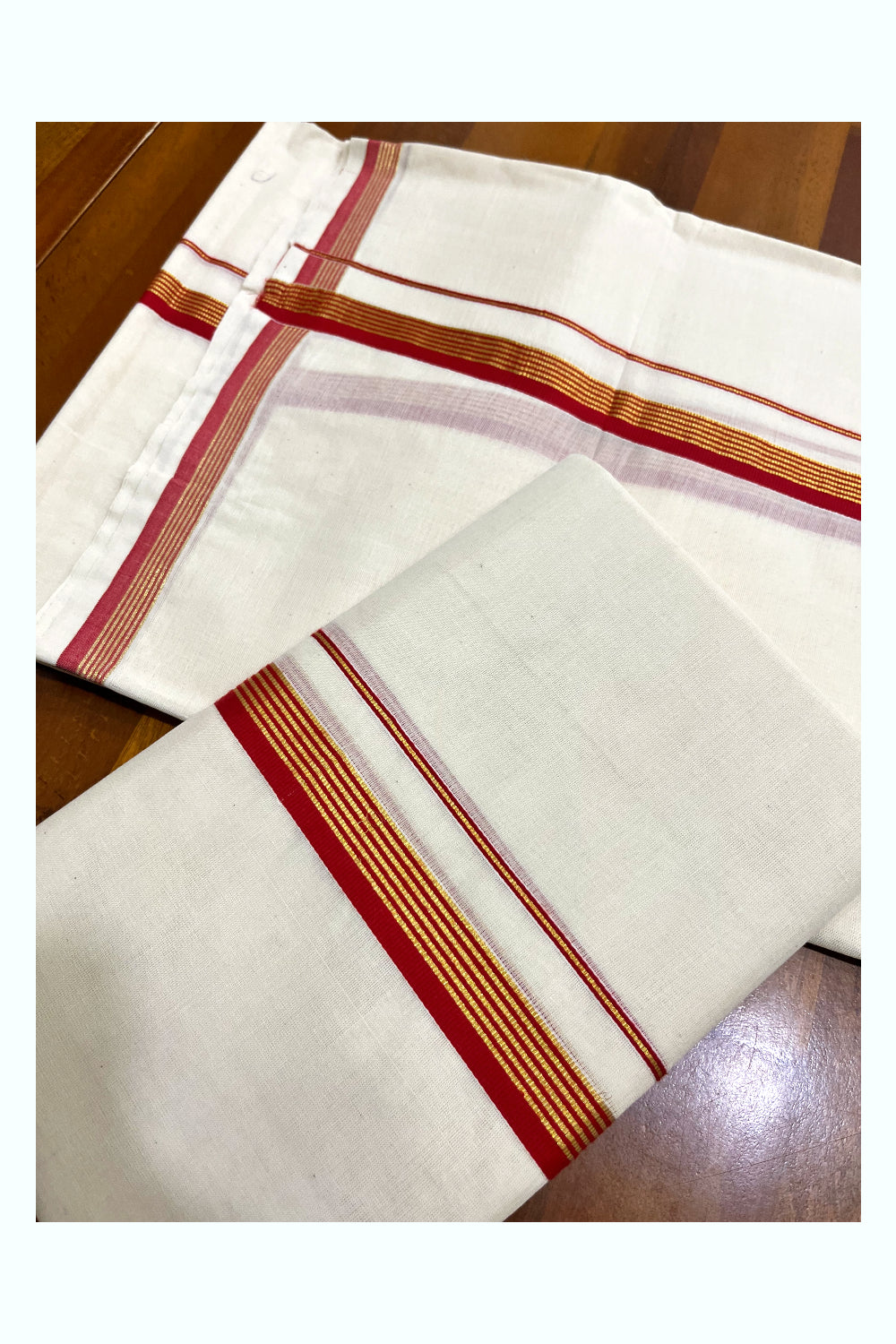 Kerala Pure Cotton Single Set Mundu (Mundum Neriyathum) with Red and Kasavu Border - 2.80Mtrs