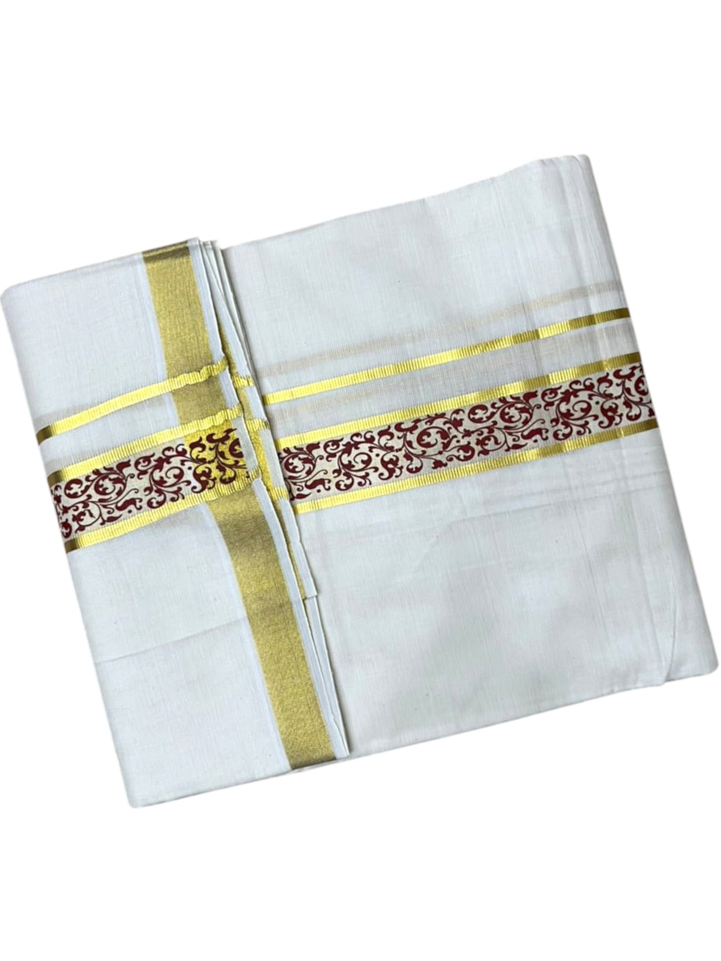 Southloom Pure Cotton Double Mundu with Maroon Block Printed And Ksavu Border (South Indian Kerala Dhoti)