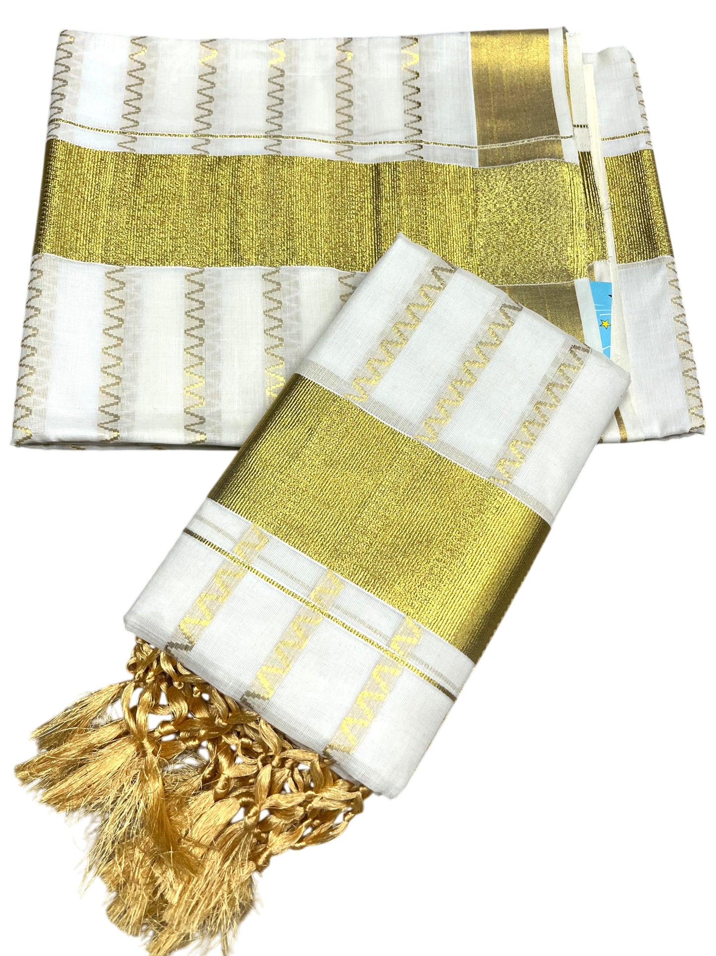 Southloom Cotton Kerala Kasavu Set Mundu (Mundum Neriyathum) with Golden Tassels 2.80 Mtrs