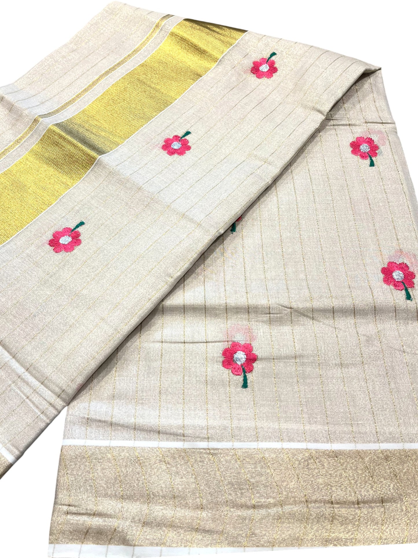 Southloom Tissue Kerala Kasavu Stripes Saree with Pink Floral Embroidery Design