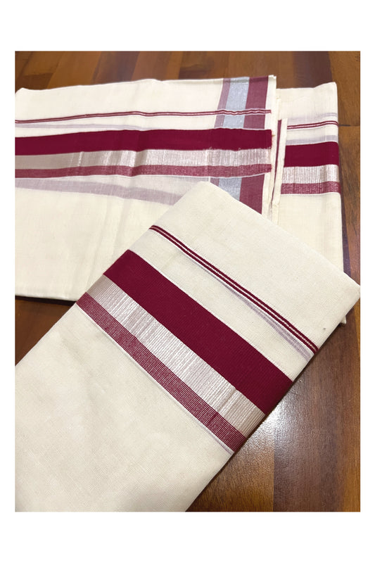 Cotton Silver Kasavu Set Mundu (Mundum Neriyathum) with Maroon and Silver Kasavu Border 2.80 Mtrs