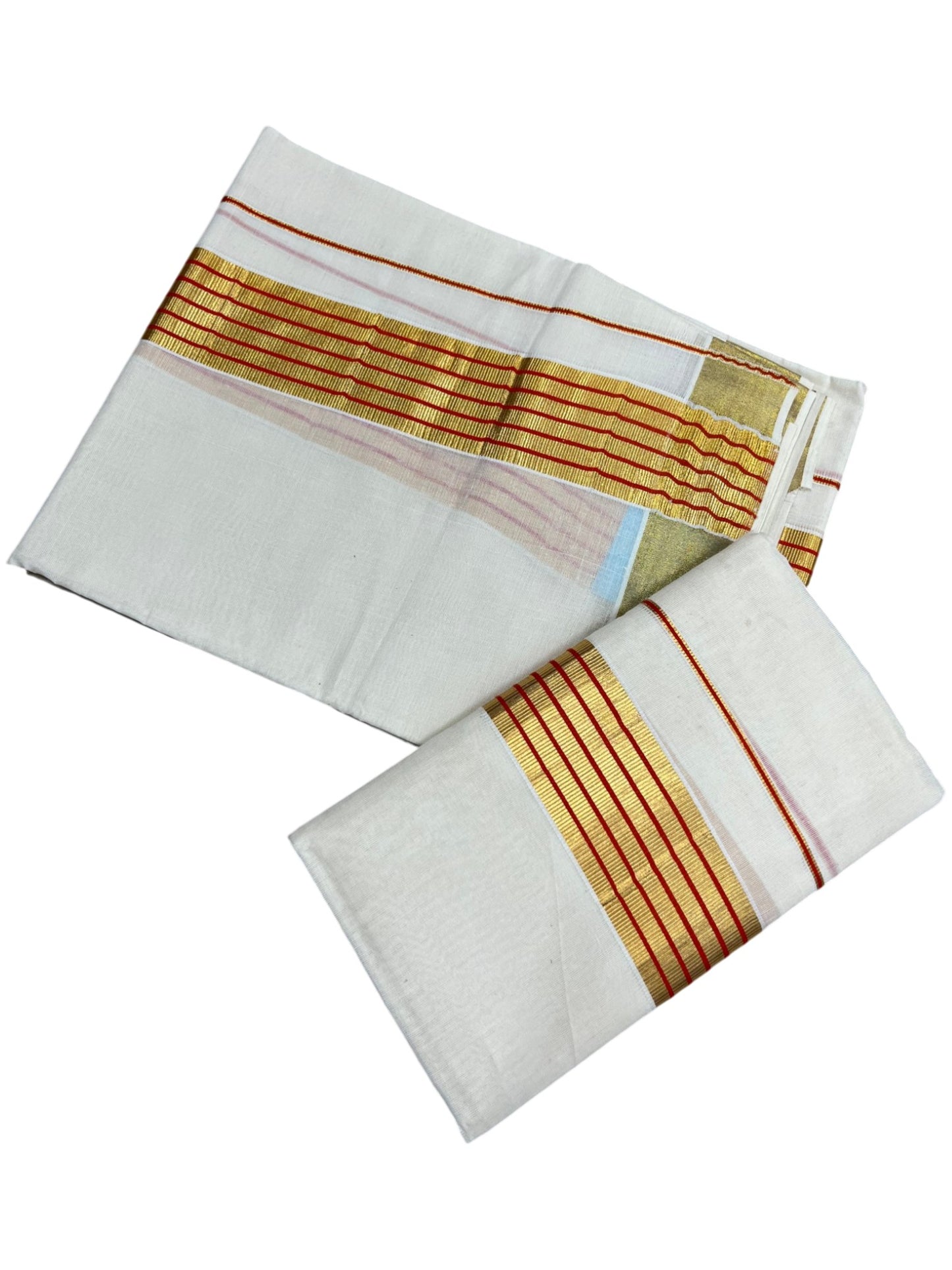 Southloom Pure Cotton Kerala Kasavu Single Set Mundu (Mundum Neriyathum) with Orange and Kasavu Border