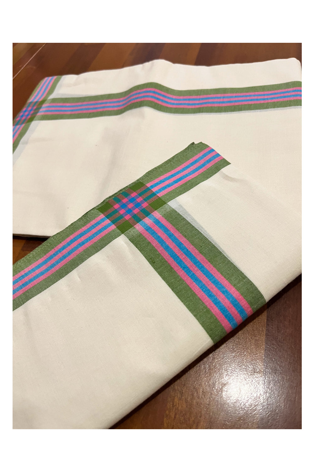 Kerala Mulloth Cotton Single Mundum Neriyathum with Green Pink Border (Extra Soft Cotton)