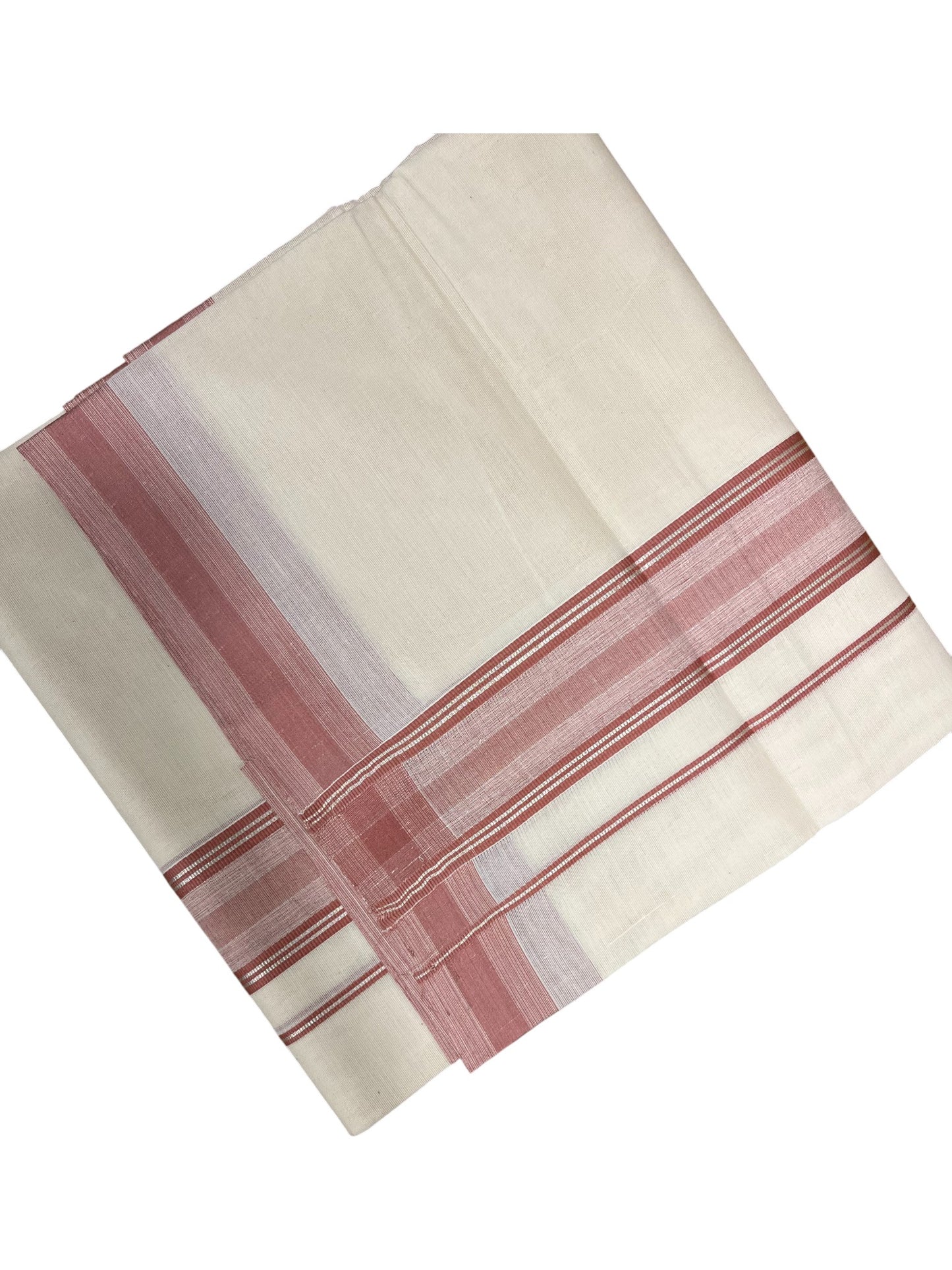 Southloom Kerala Pure Cotton Double Mundu with Peach Colour And Silver Lines Border (South Indian Dhoti)