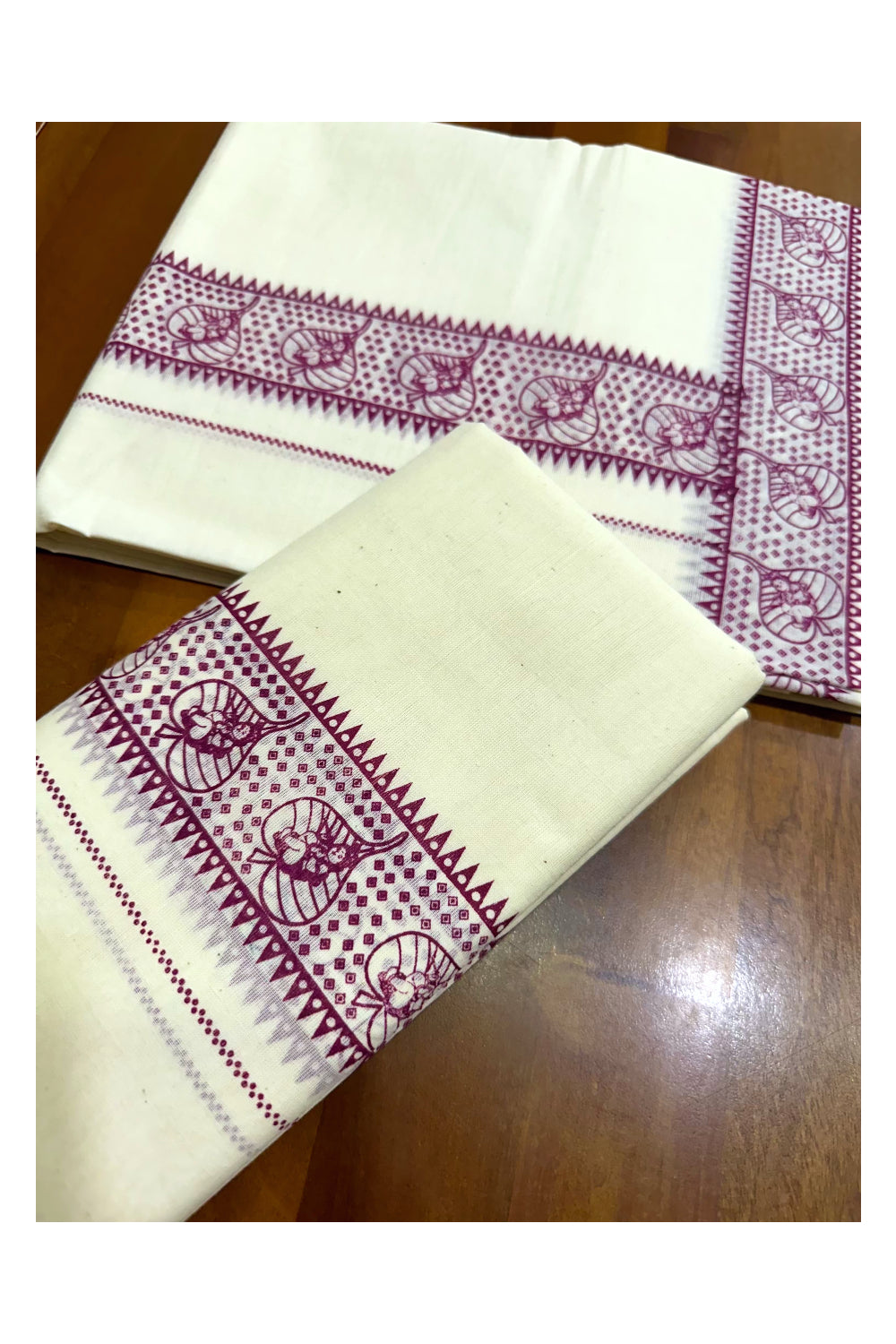 Pure Cotton Kerala Set Mundu with Magenta Block Printed Border