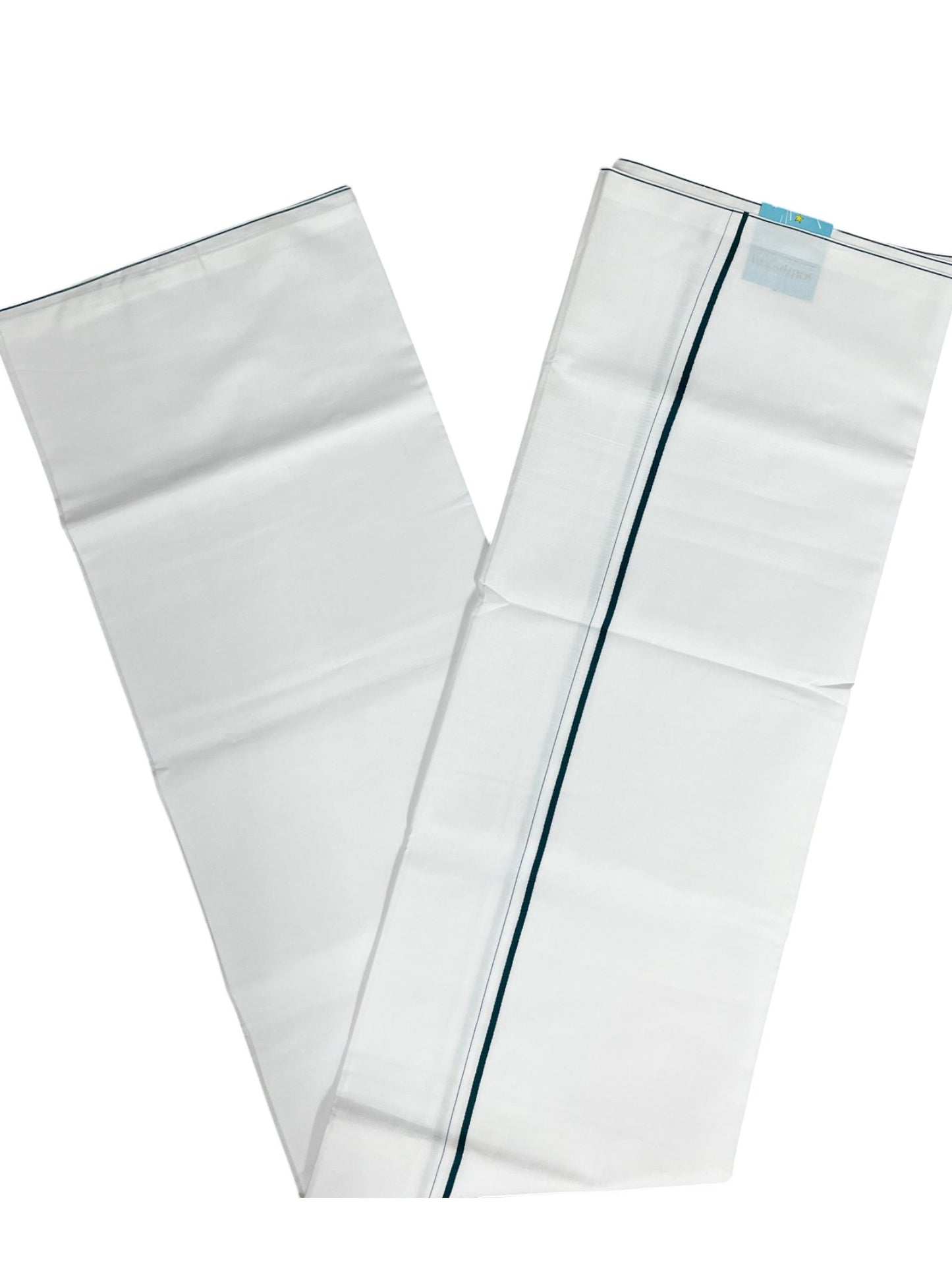 Southloom Pure White Cotton Single Mundu with Dark Green Border (South Indian Kerala Dhoti)