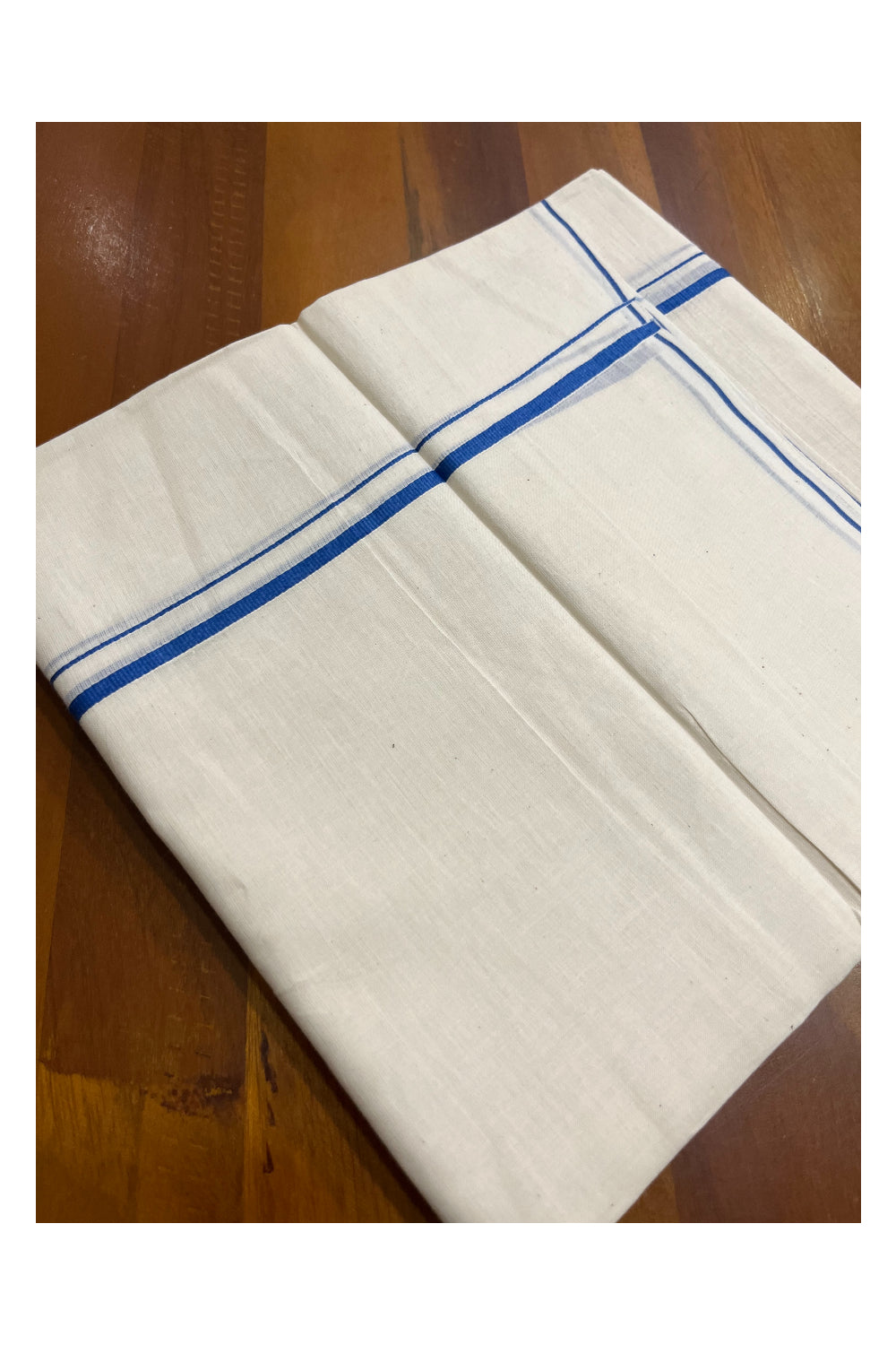 Off White Kerala Cotton Double Mundu with Blue Thin Kara (South Indian Kerala Dhoti)