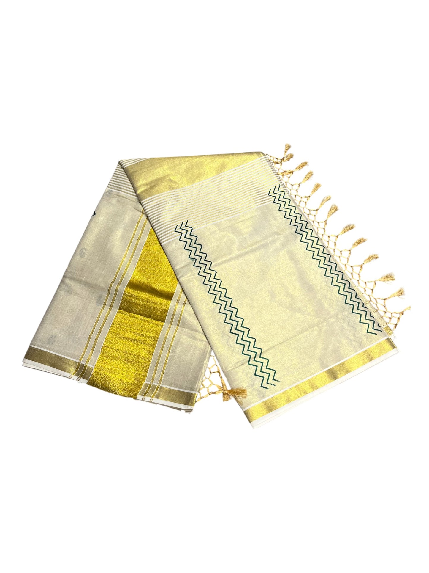 Southloom Kerala Tissue Kasavu Saree Green Hand Printed