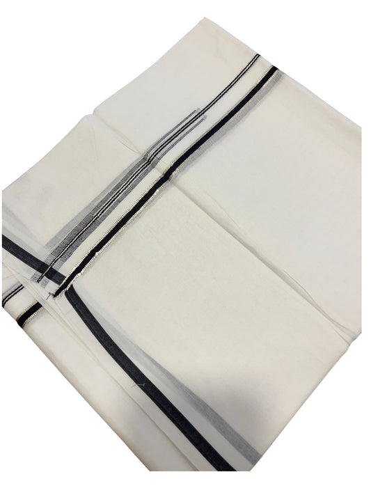 Pure White Cotton Double Mundu with Silver and Black Chutti Kara (South Indian Dhoti)