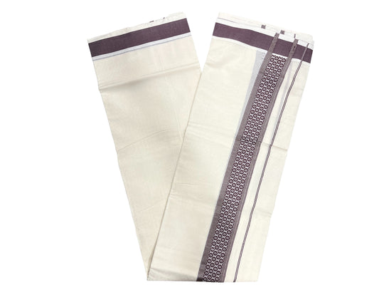 Southloom Pure Cotton Mundu With Silver Lines And Brown Print (South Indian Kerala Dhoti)