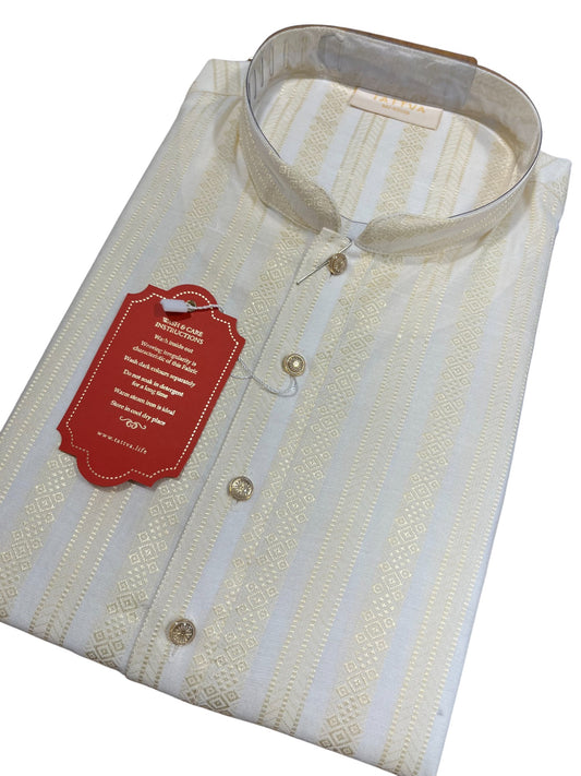 Southloom White Woven Patterns Semi Silk Short Kurta for Men