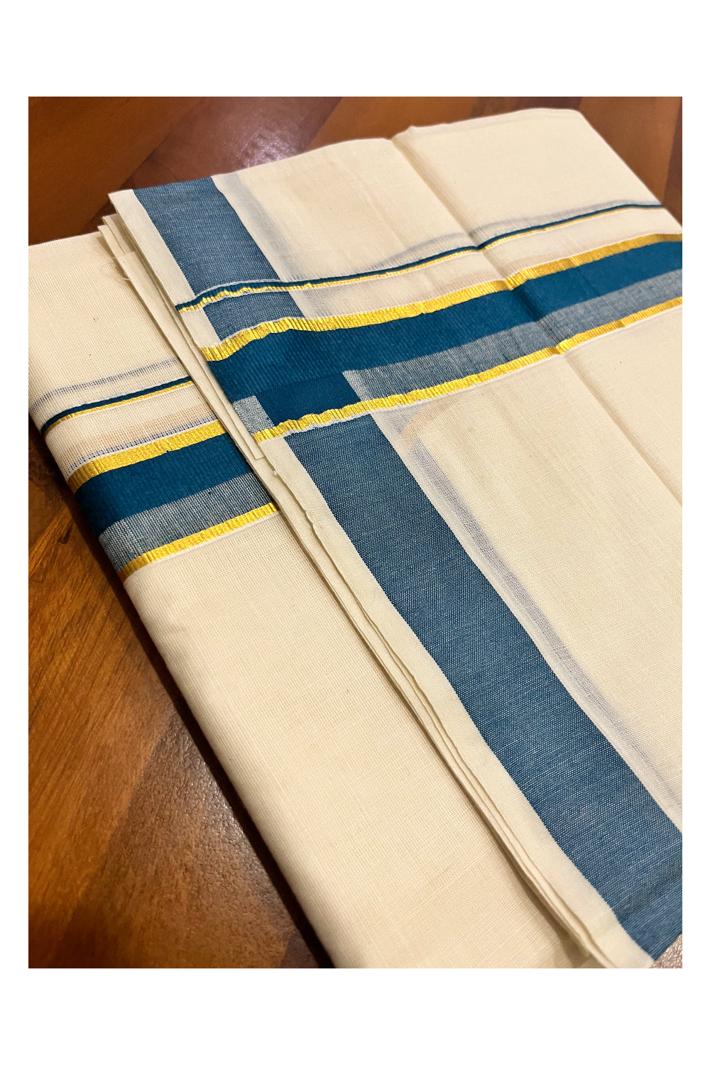 Kerala Pure Cotton Double Mundu with Teal Blue and Kasavu Border (South Indian Kerala Dhoti)