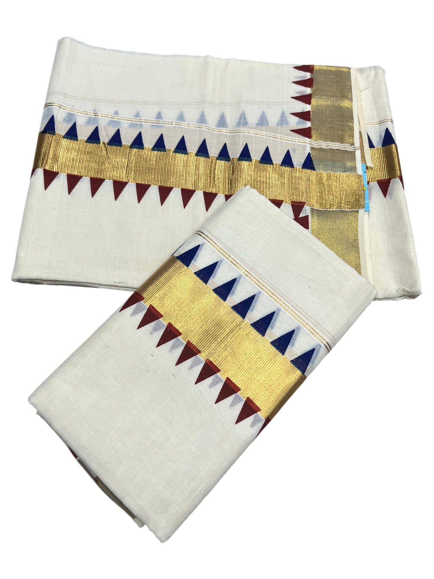 Southloom Kerala Cotton Kasavu Single Set Mundu (Mundum Neriyathum) with Maroon And Blue Temple Design Border SLKK