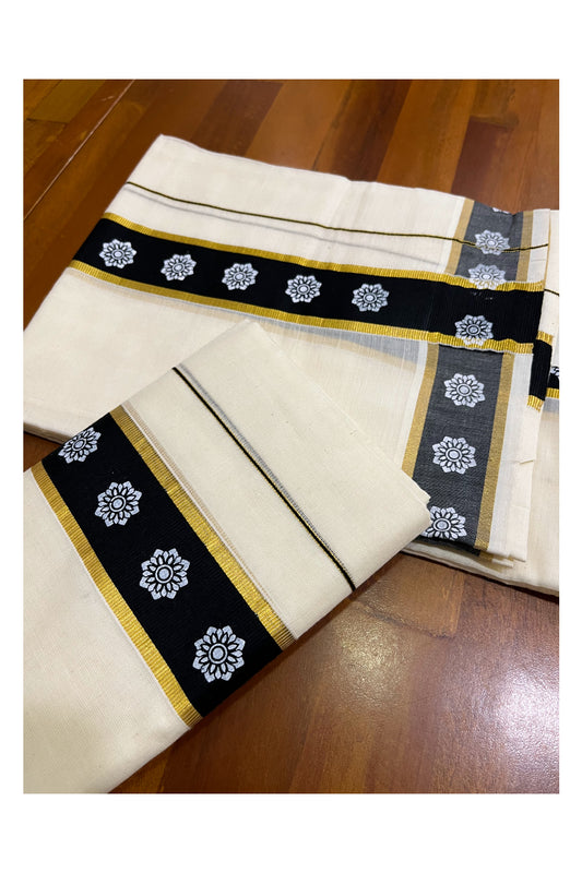 Kerala Cotton Single Set Mundu (Mundum Neriyathum) with Block Prints on Black and Kasavu Border - 2.60Mtrs