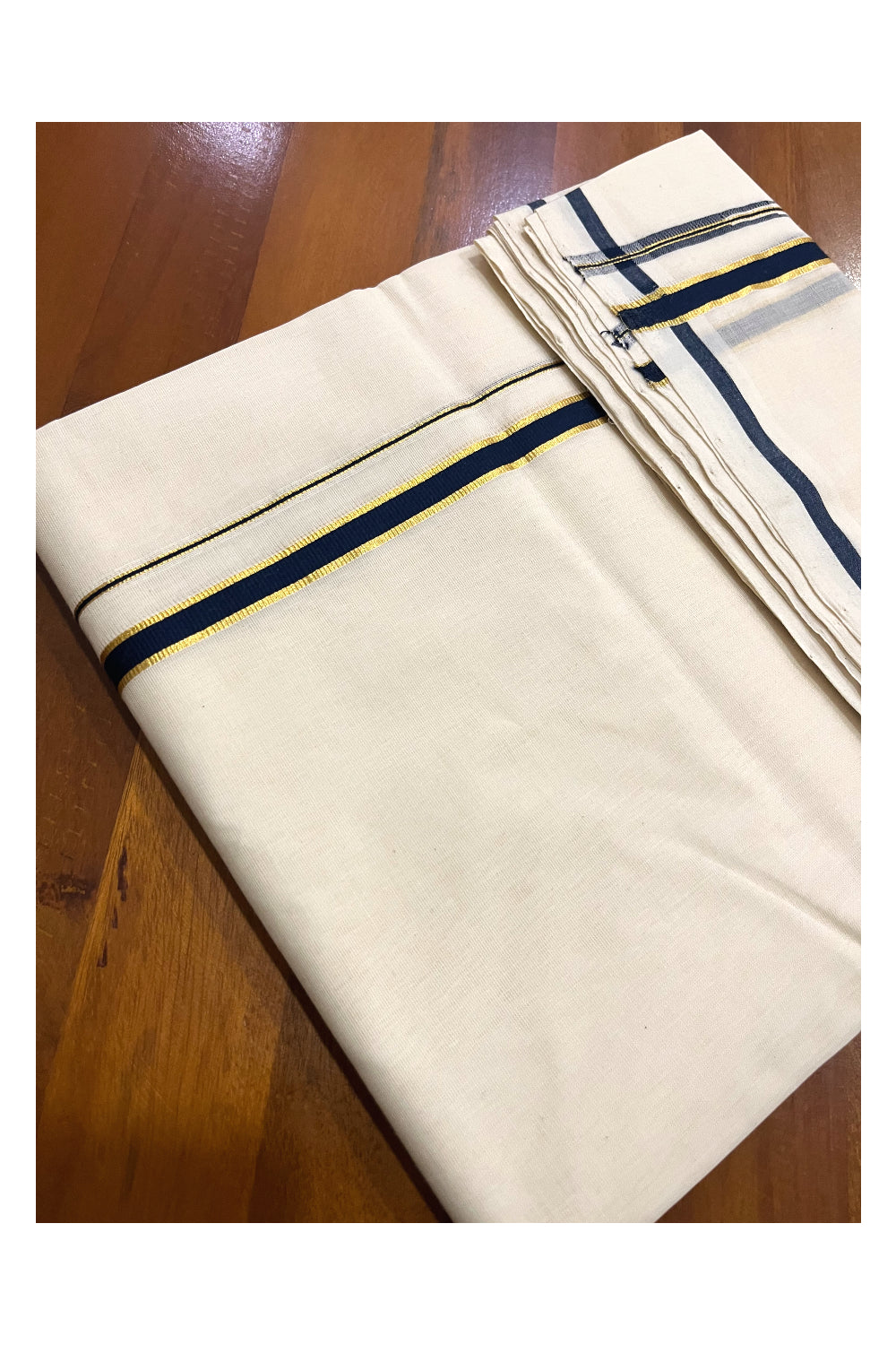 Southloom Premium Handloom Pure Cotton Mundu with Navy Blue Puliyilakkara Kasavu Border (South Indian Kerala Dhoti)