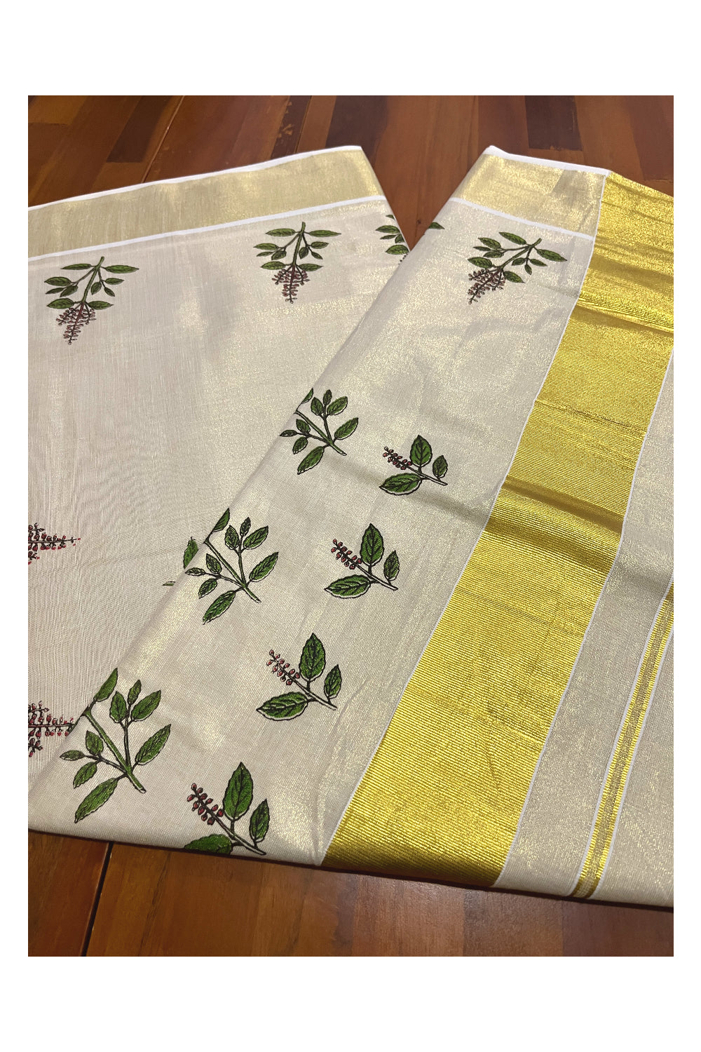 Kerala Kasavu Tissue Saree with Thulasi Kathir Mural Prints on Body