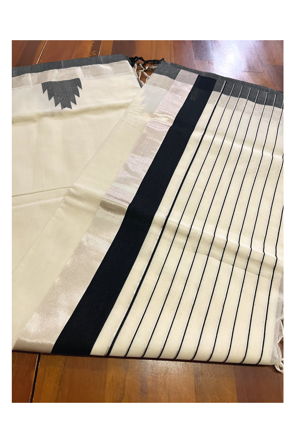 Southloom™ Premium Handloom Kerala Saree with Silver Kasavu and Black Temple Border