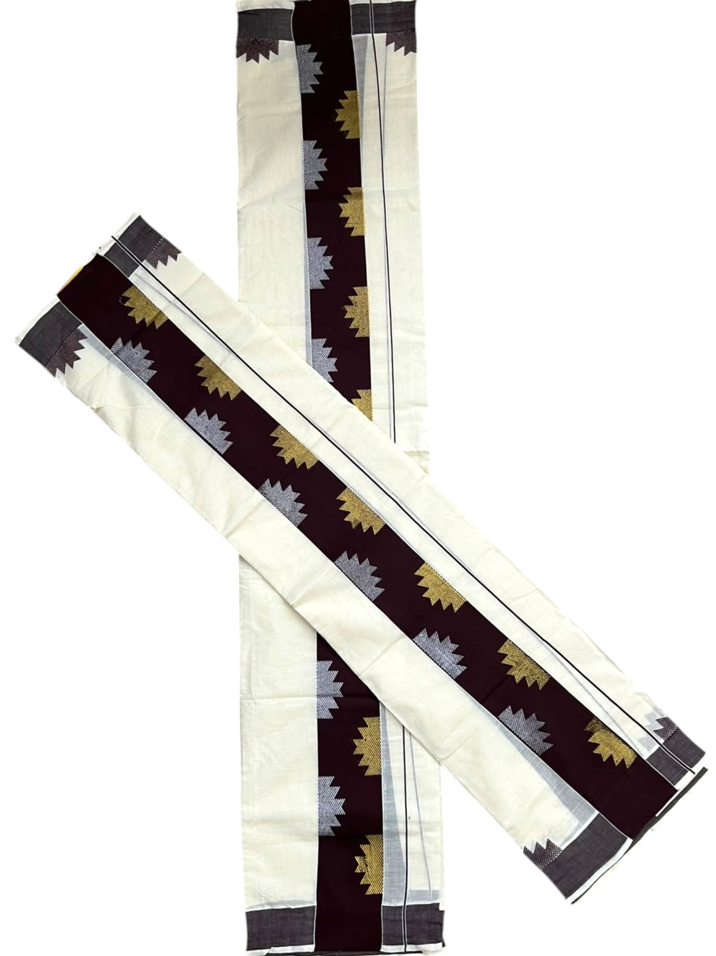 Southloom Pure Cotton Single Set Mundu (Mundum Neriyathum) Temple Design & Brown Border 2.80 Mtrs