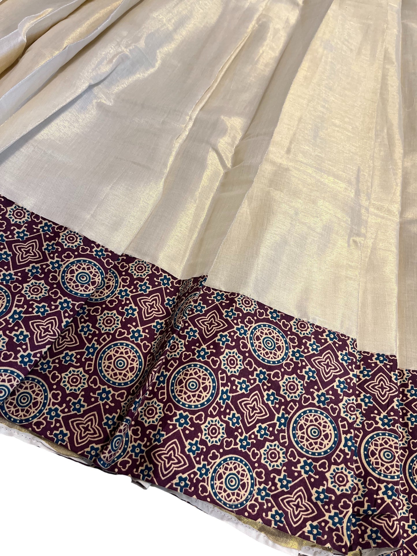 Southloom Semi Stitched Tissue Dhavani Set with Pavada and Ajrakh Blouse Piece