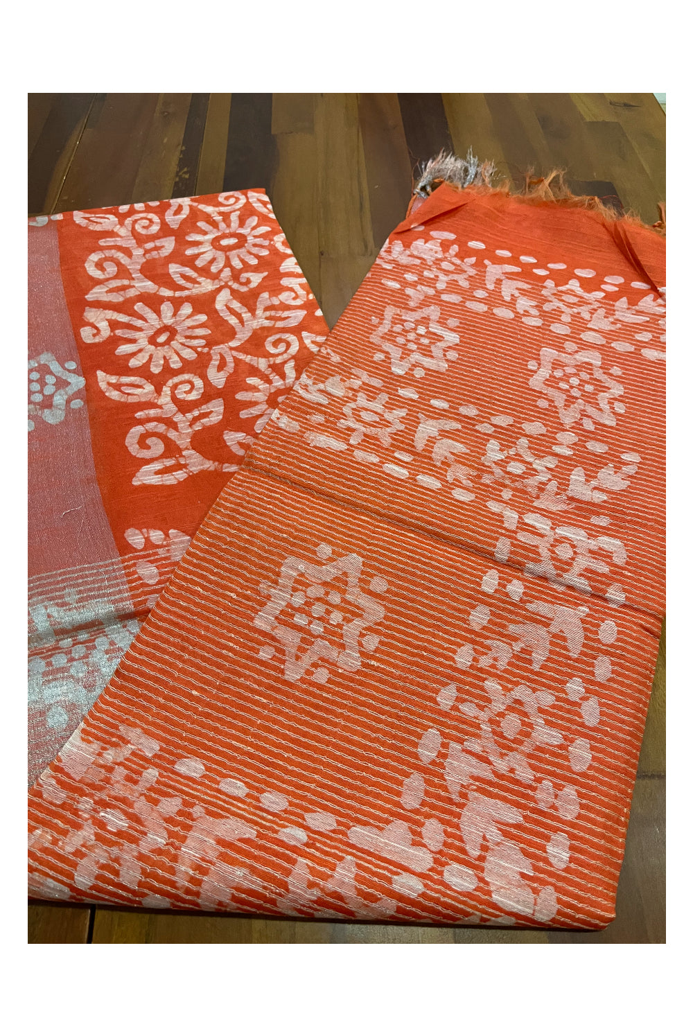 Southloom Cotton Orange Saree with Baswara Prints on Body and Pallu