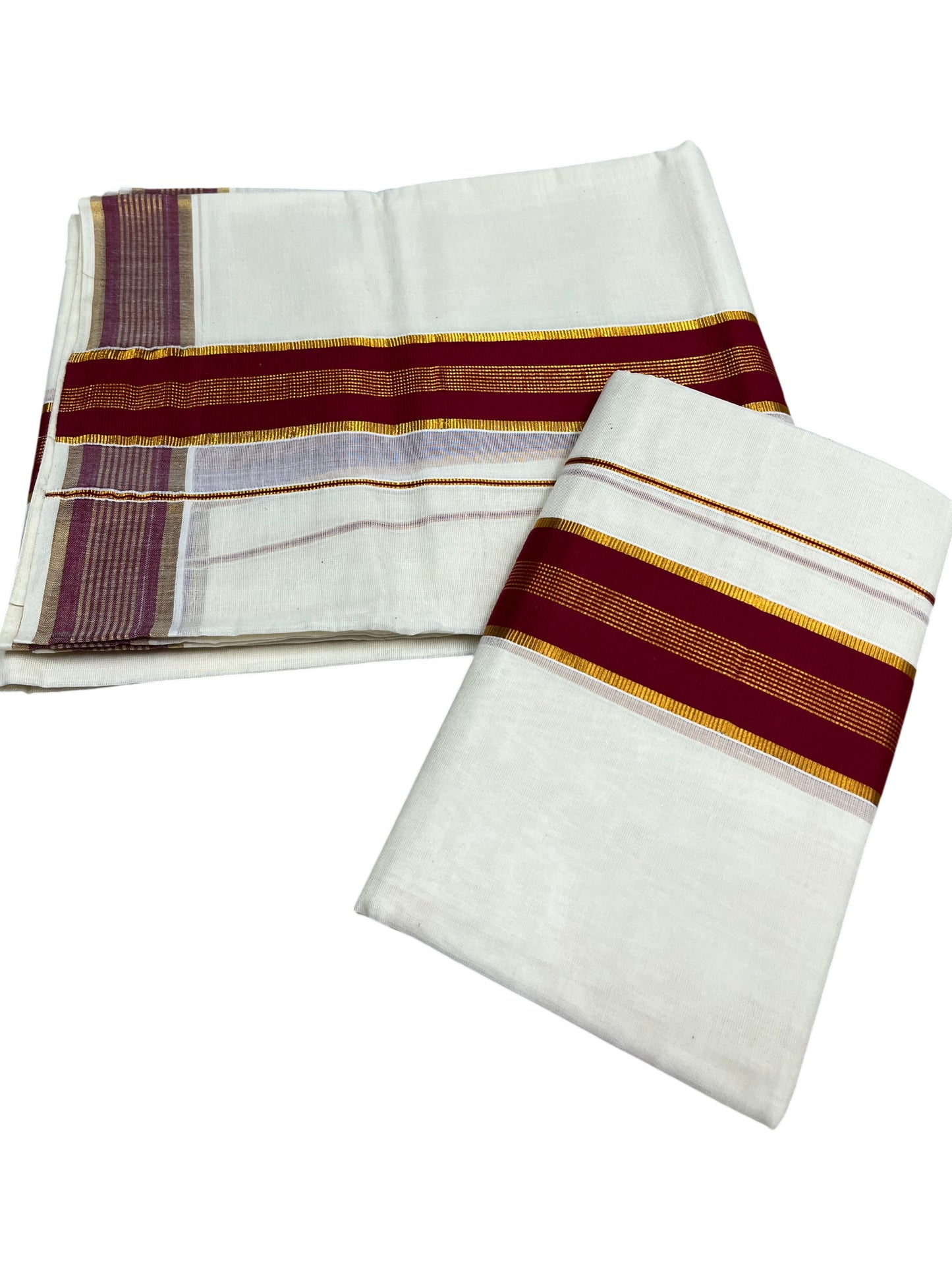 Southloom Kerala Cotton  Set Mundu (Mundum Neriyathum) with Kasavu and Maroon Border 2.80Mtrs