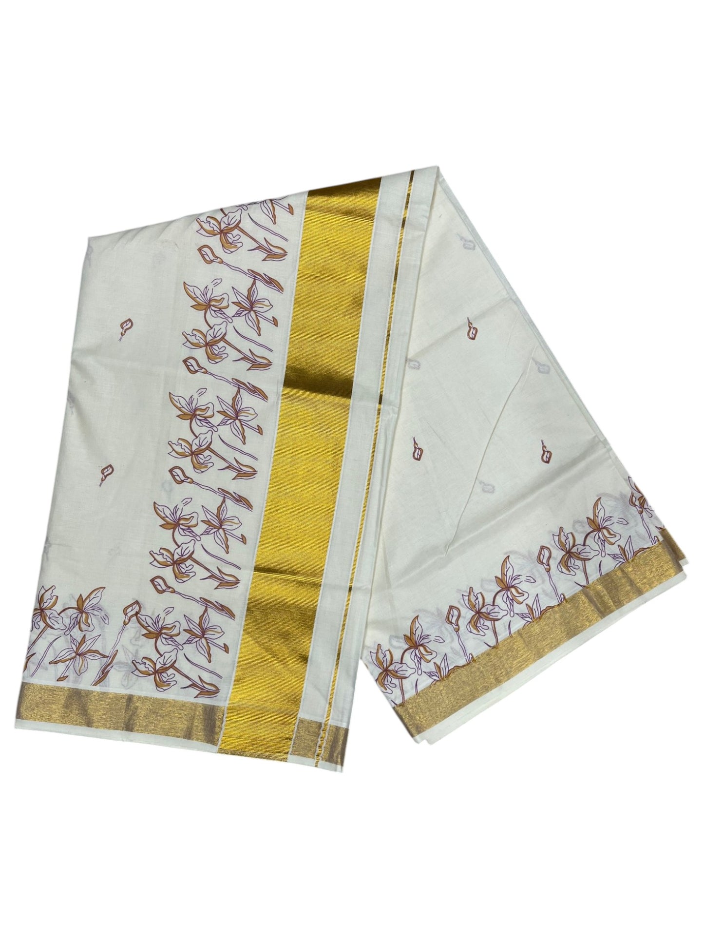 Southloom Cotton Kerala Kasavu Saree with Floral Printed