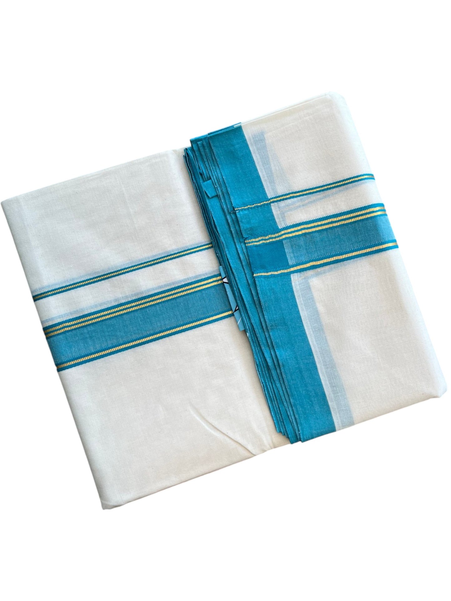 Southloom Pure Cotton Mundu with Golden Lines and Blue Border (South Indian Kerala Dhoti)