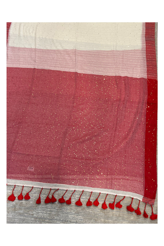 Southloom Mul Cotton 120 x 120 Soft Fabric Onam Saree in Red with Sequins Work