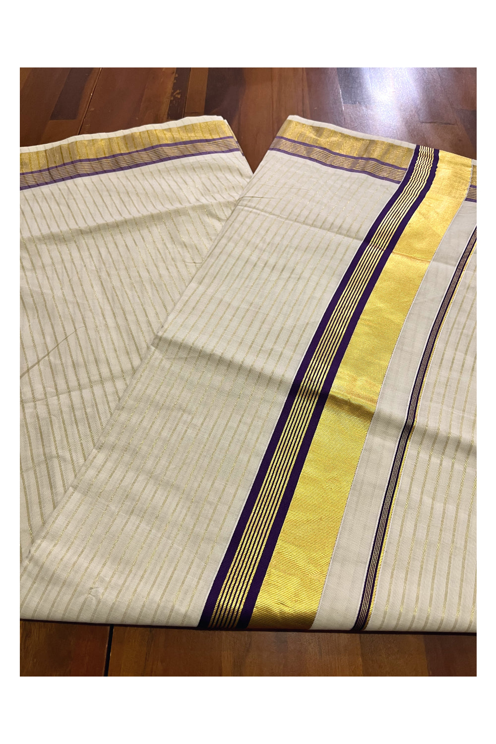 Pure Cotton Kerala Kasavu Lines Design Saree with Violet Border