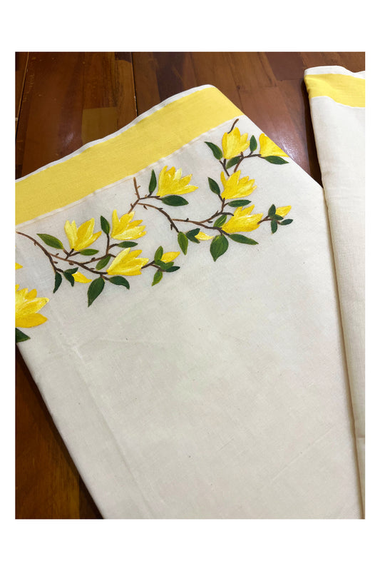 Kerala Cotton Saree with Yellow Border and Kani Konna Hand Painted Designs