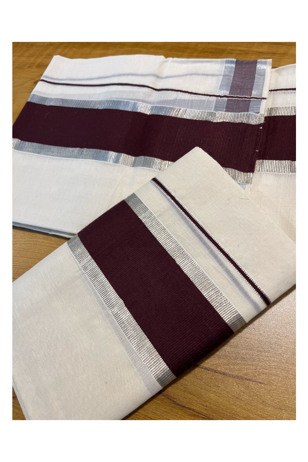 Kerala Cotton Mundum Neriyathum Single (Set Mundu) with Dark Brown and Silver Kasavu Border 2.80 Mtrs  SLKK SL470