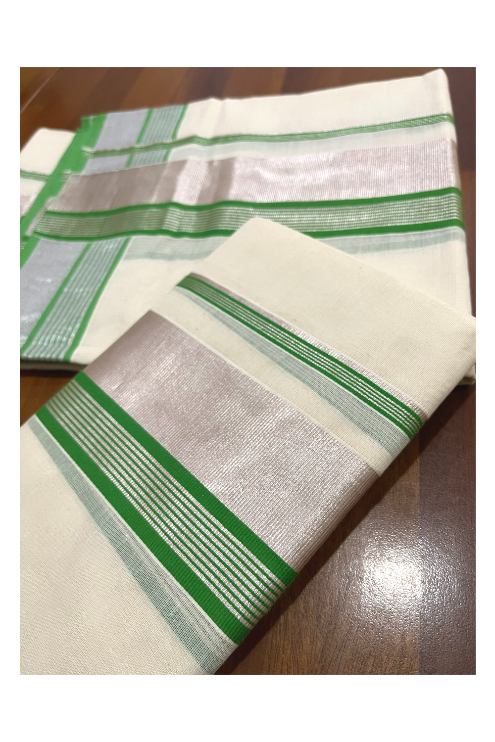 Kerala Cotton Mundum Neriyathum Single (Set Mundu) with Light Green and Silver Kasavu Border 2.80 Mtrs