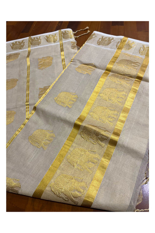 Southloom™ Premium Handloom Tissue Kasavu Saree with Elaphant Woven Designs