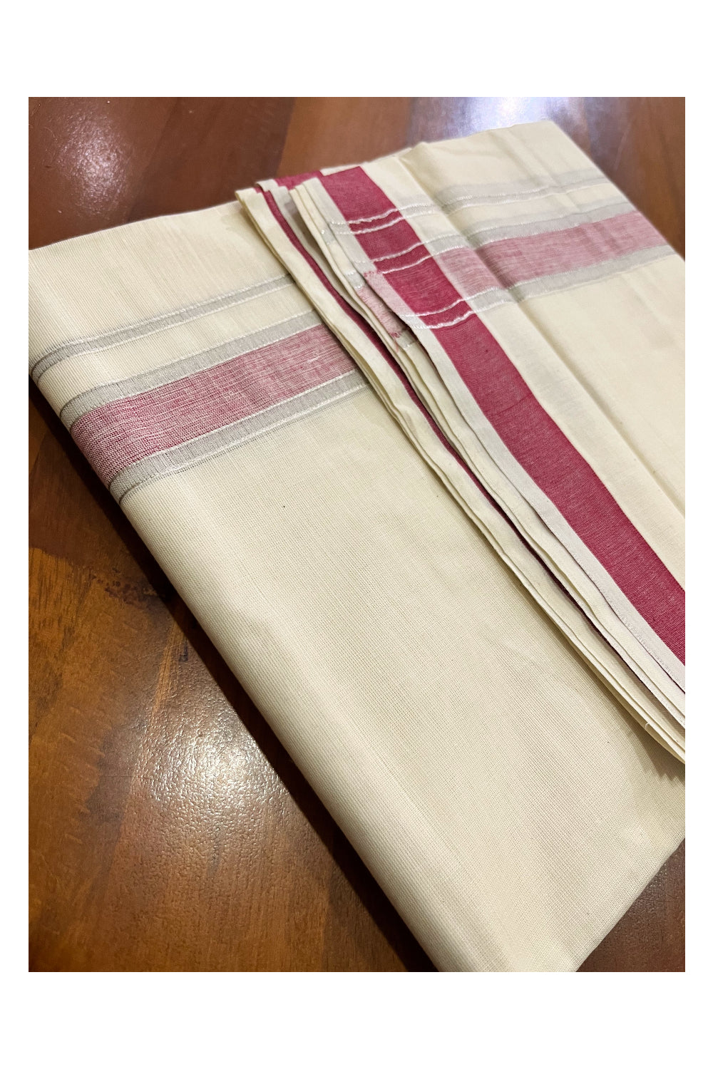 Pure Cotton Kerala Double Mundu with Silver Kasavu and Maroon Border (South Indian Kerala Dhoti)