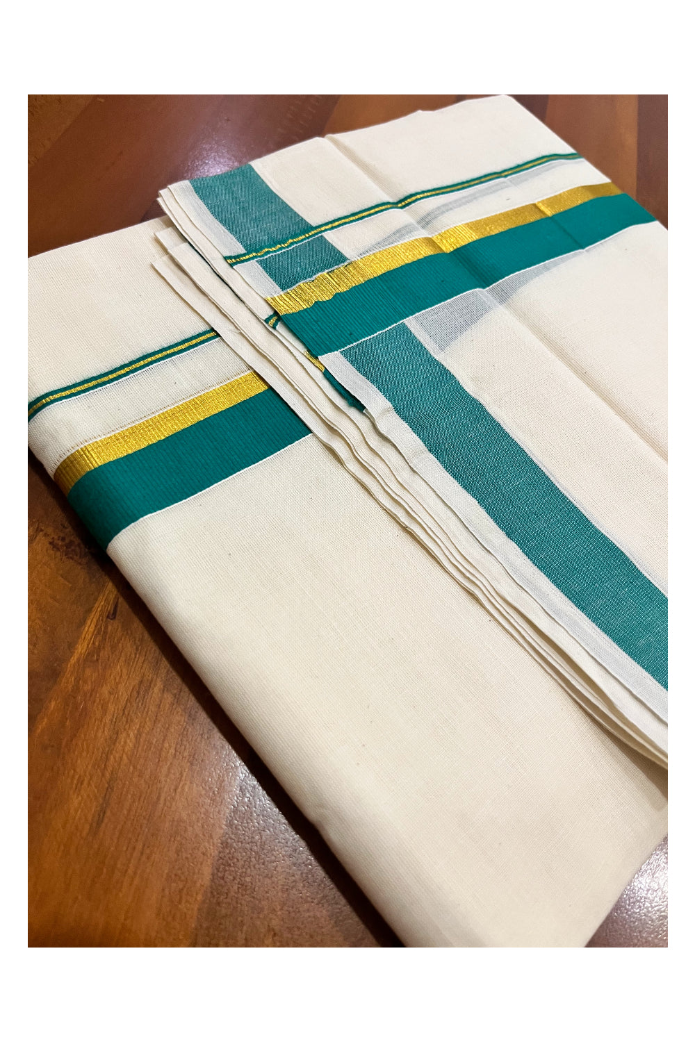 Pure Cotton Mundu with Green and Kasavu Border (South Indian Kerala Dhoti)