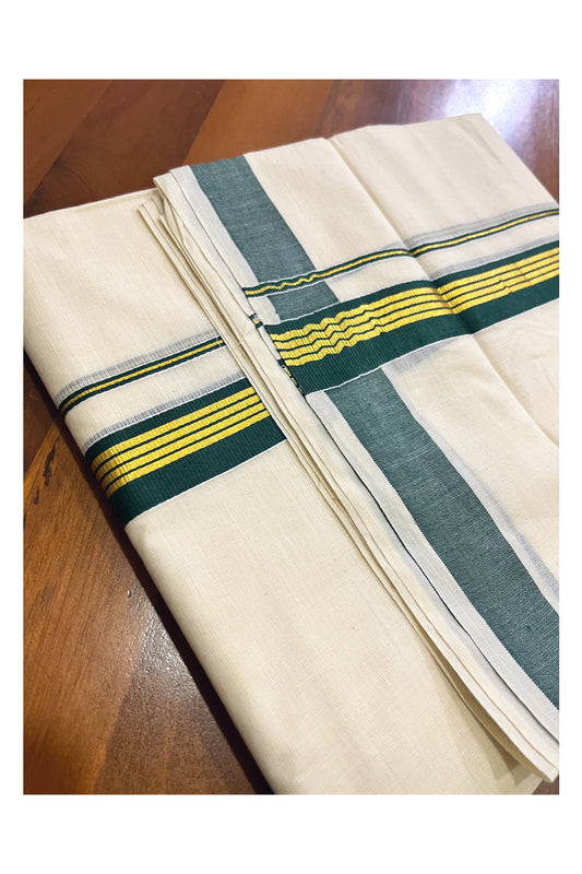 Off White Kerala Cotton Double Mundu with Kasavu and Green Border (South Indian Kerala Dhoti)