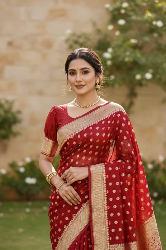 Southloom Cotton Banarasi Silk Saree with Woven Work on Body and Borders (Red)
