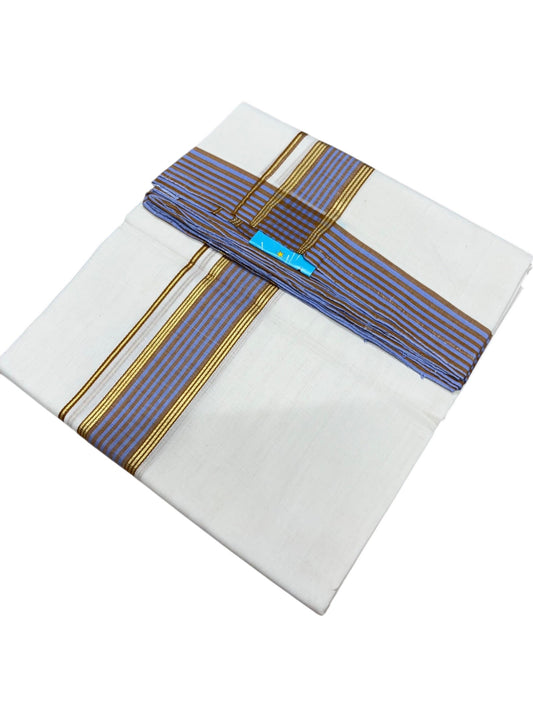 Southloom Balaramapuram Unakkupaavu Premium Handloom Cotton Double Mundu with Gold Kasavu and Blue and Yellow Border