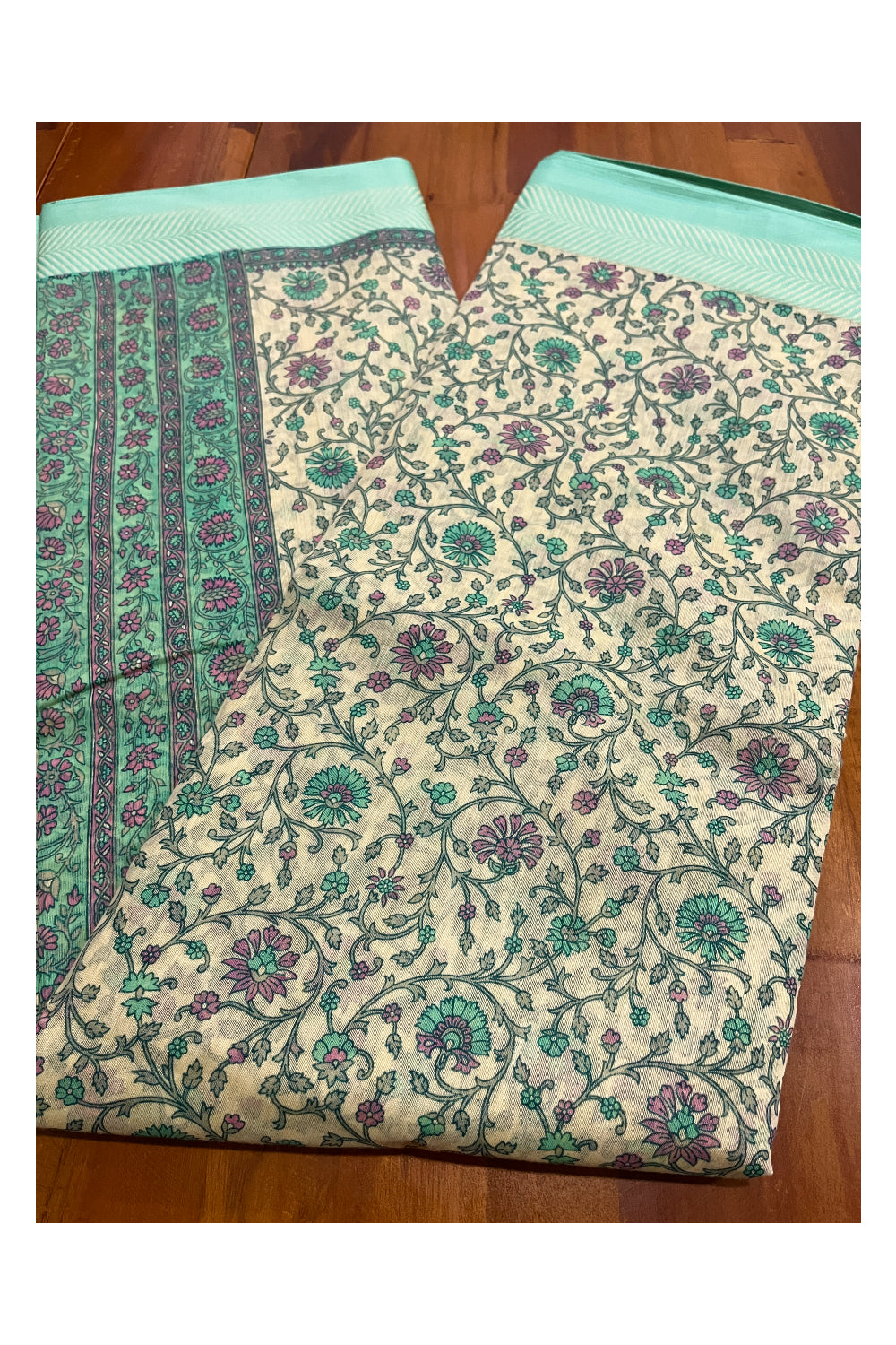 Southloom Cotton Floral Printed Saree with Green Border