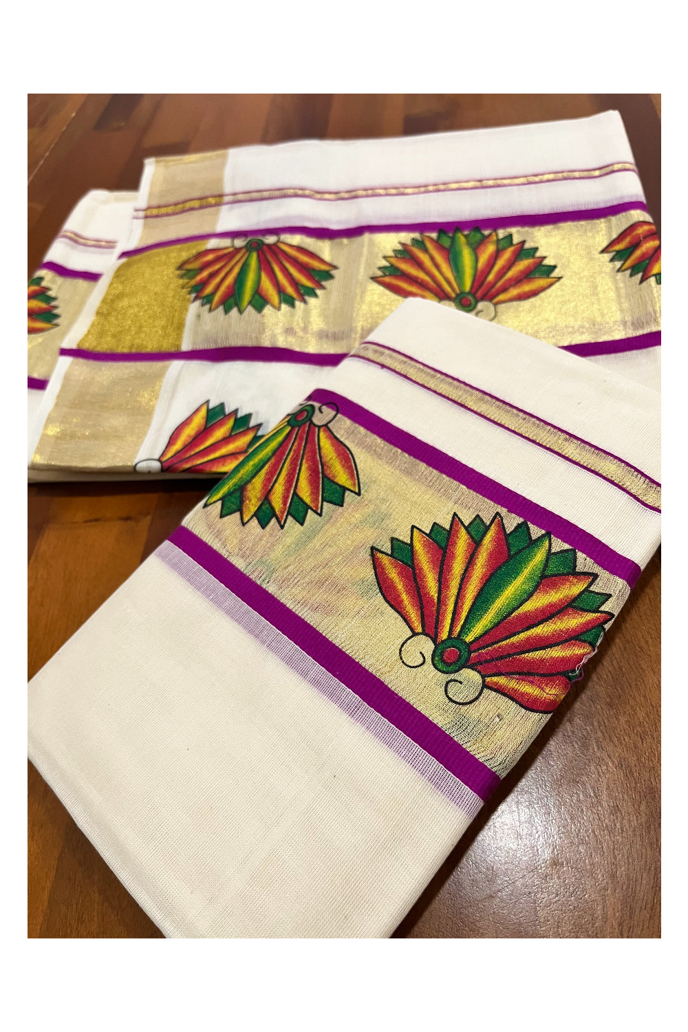 Kerala Cotton Single Set Mundu (Mundum Neriyathum) with Block Prints on Kasavu Magenta Border