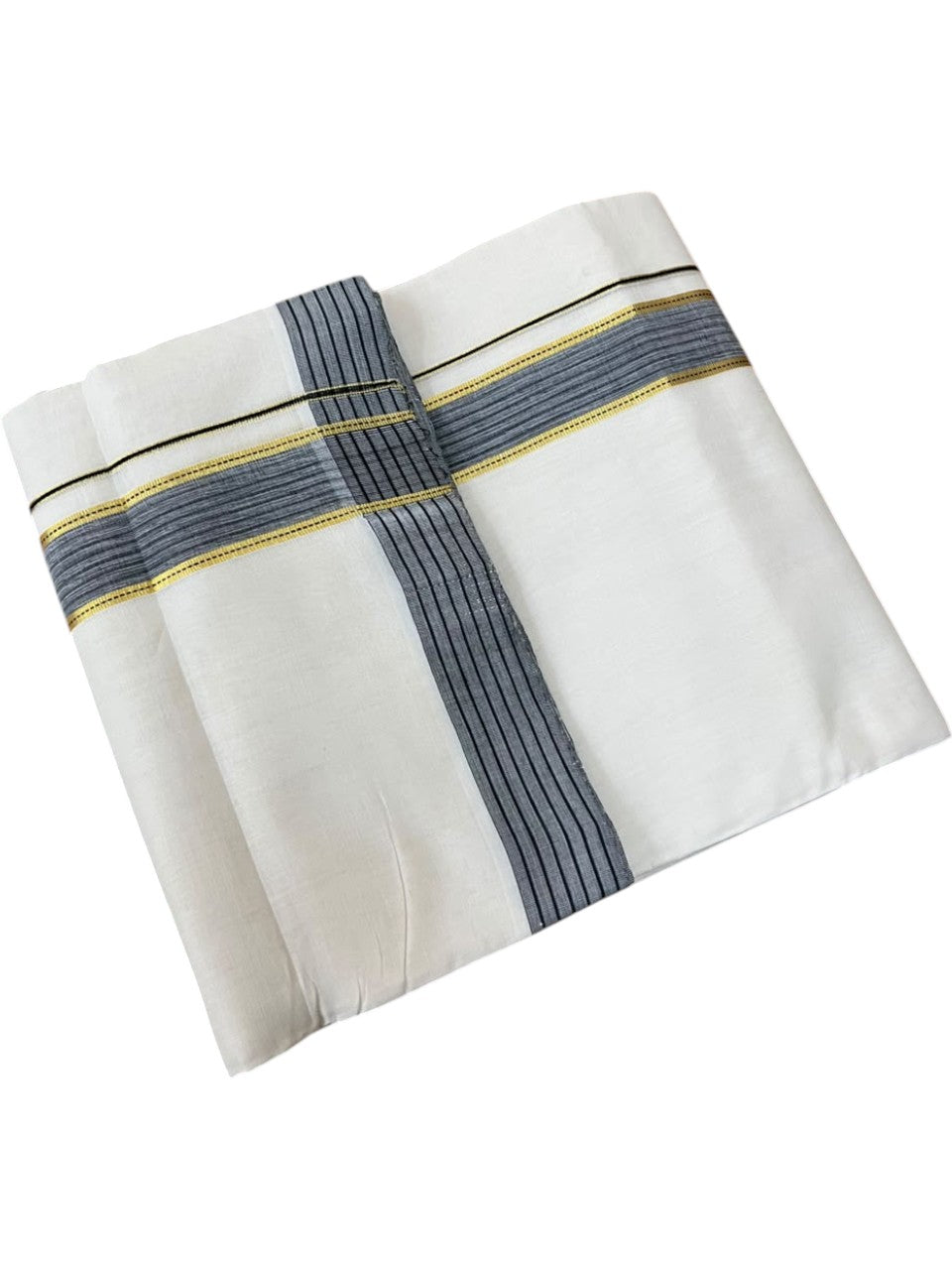 Southloom Balaramapuram Unakkupaavu Premium Handloom Cotton Double Mundu with Gold Kasavu and Black Border