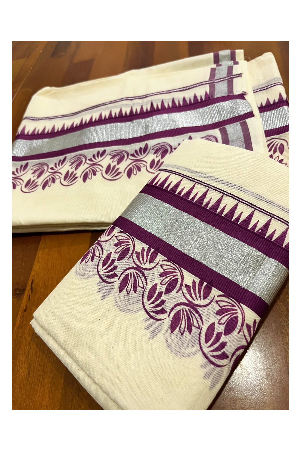 Kerala Pure Cotton Set Mundu Single (Mundum Neriyathum) with Purple Floral Temple Block Prints on Silver Kasavu Border