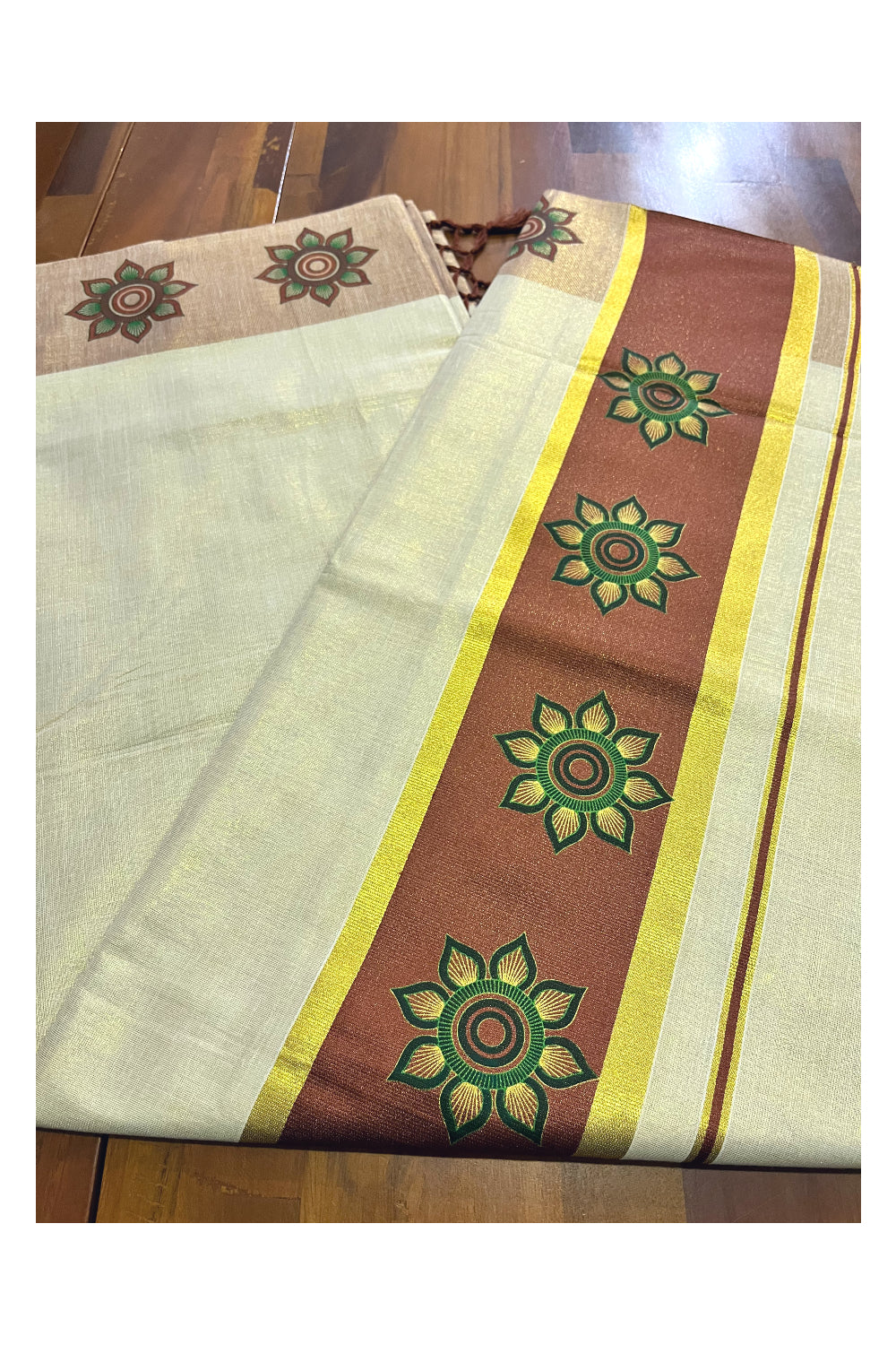 Kerala Tissue Kasavu Saree with Floral Block Prints in Brown Border (Onam 2024 Collection)