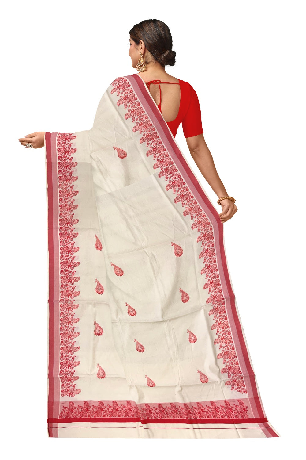 Pure Cotton Off White Kerala Saree with Orange Paisley Block Printed Border (Onam Saree 2023)