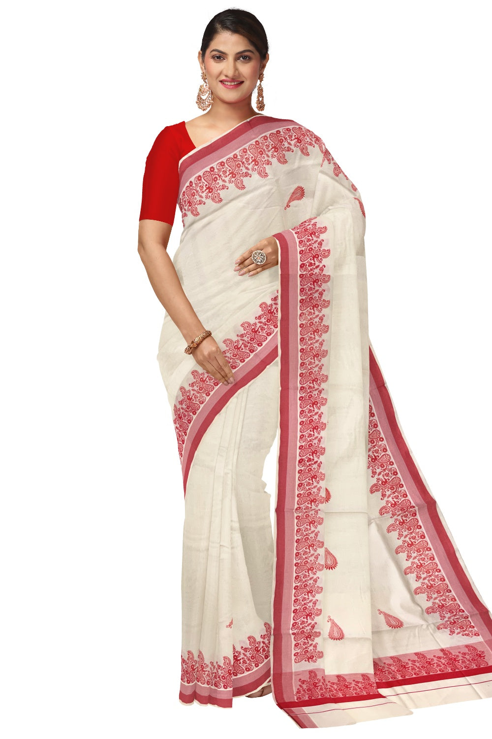 Pure Cotton Off White Kerala Saree with Orange Paisley Block Printed Border (Onam Saree 2023)