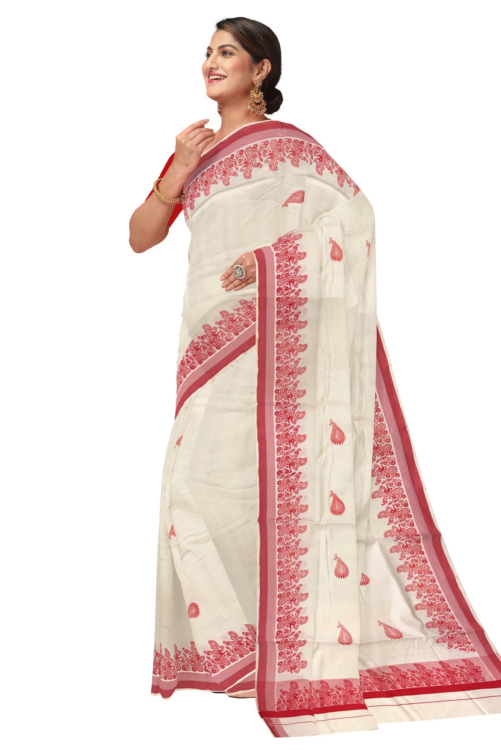 Pure Cotton Off White Kerala Saree with Orange Paisley Block Printed Border (Onam Saree 2023)