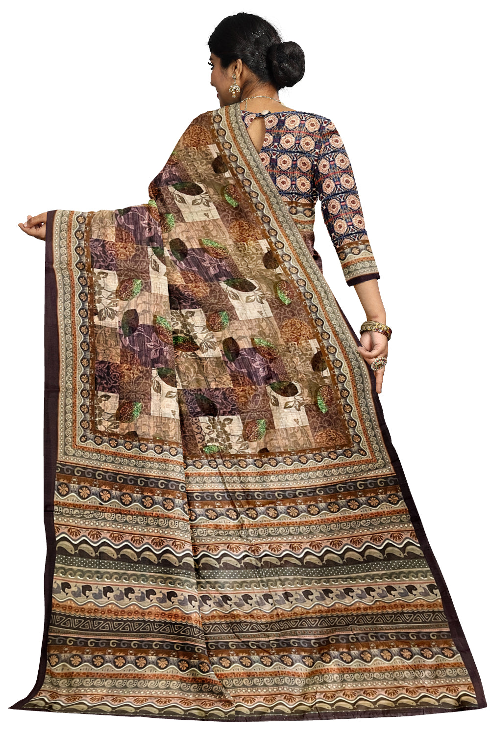 Southloom Art Silk Brown Saree with Floral Prints on Body