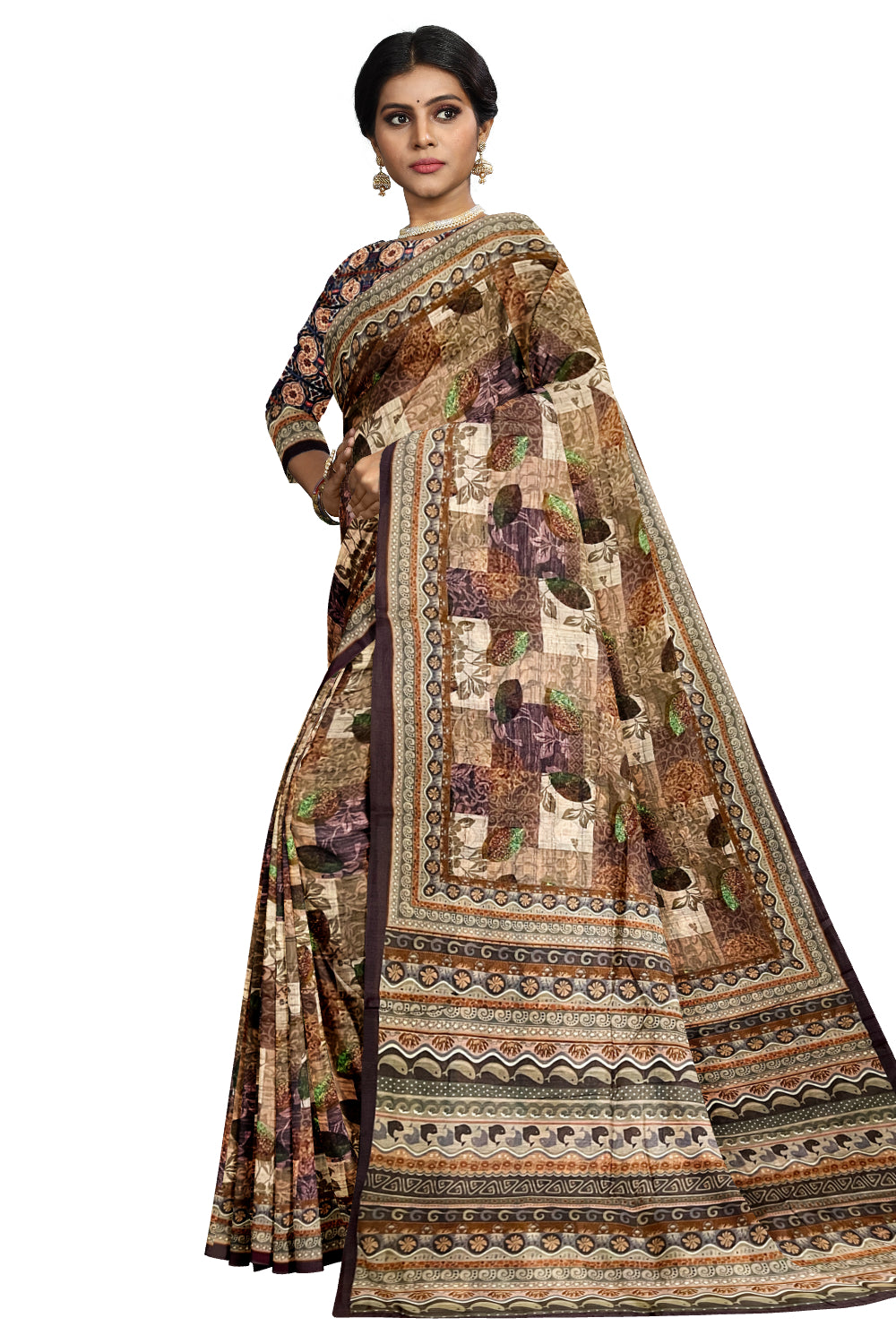 Southloom Art Silk Brown Saree with Floral Prints on Body
