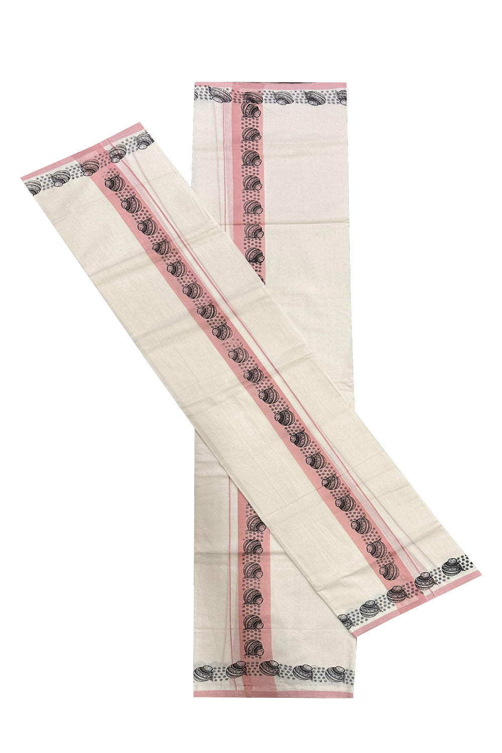 Kerala Cotton Set Mundu (Mundum Neriyathum) with Black Block Prints in Pink Border (Onam Set Mundu 2023)