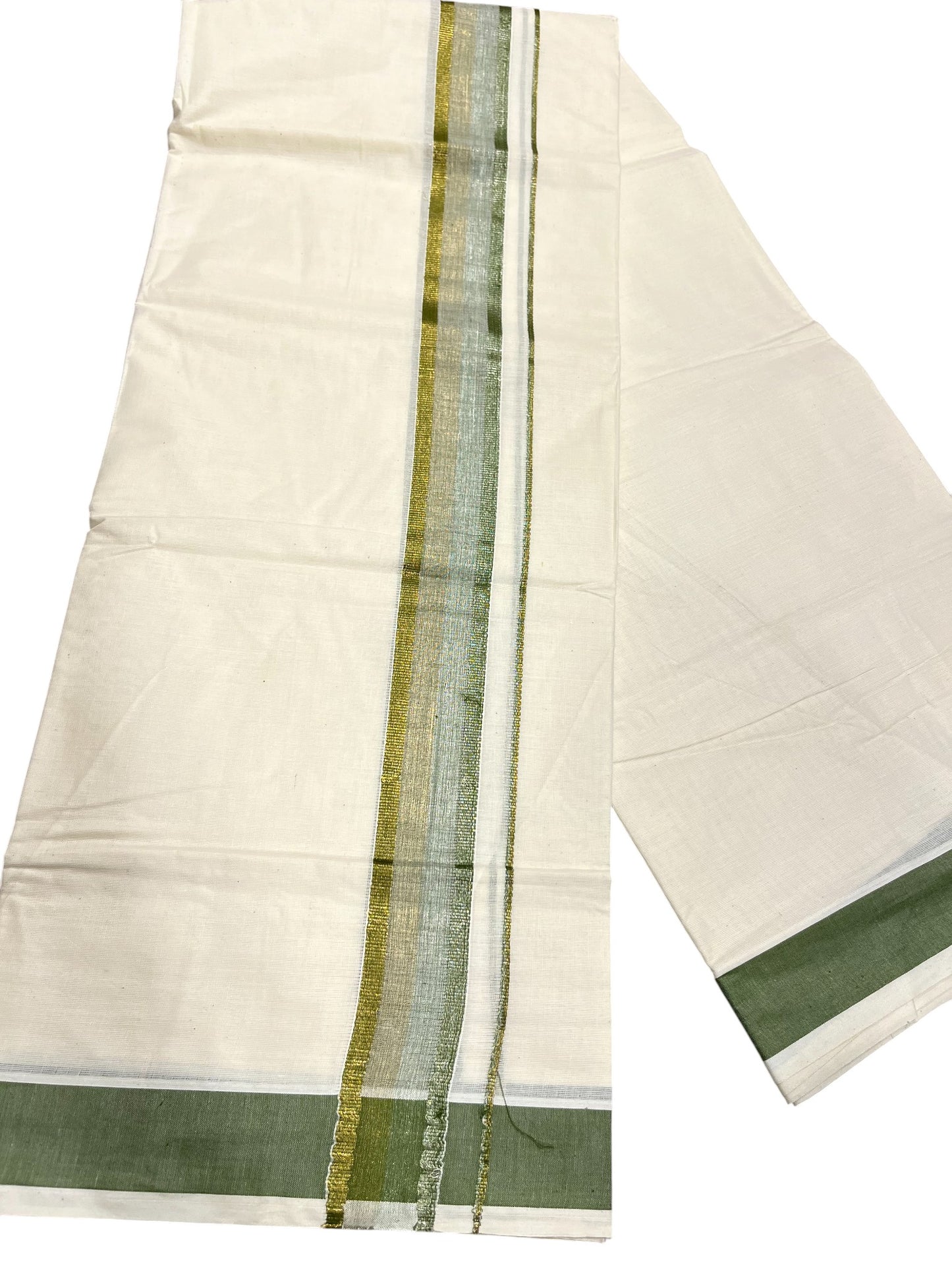 Southloom Kerala Pure Cotton Double Mundu with Green Border (South Indian Dhoti)